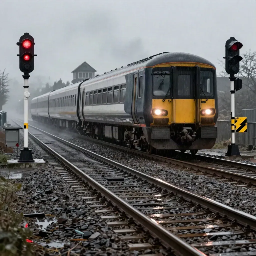 Halted regional train at a wet junction under drizzle, signals glowing, steam hanging in air.