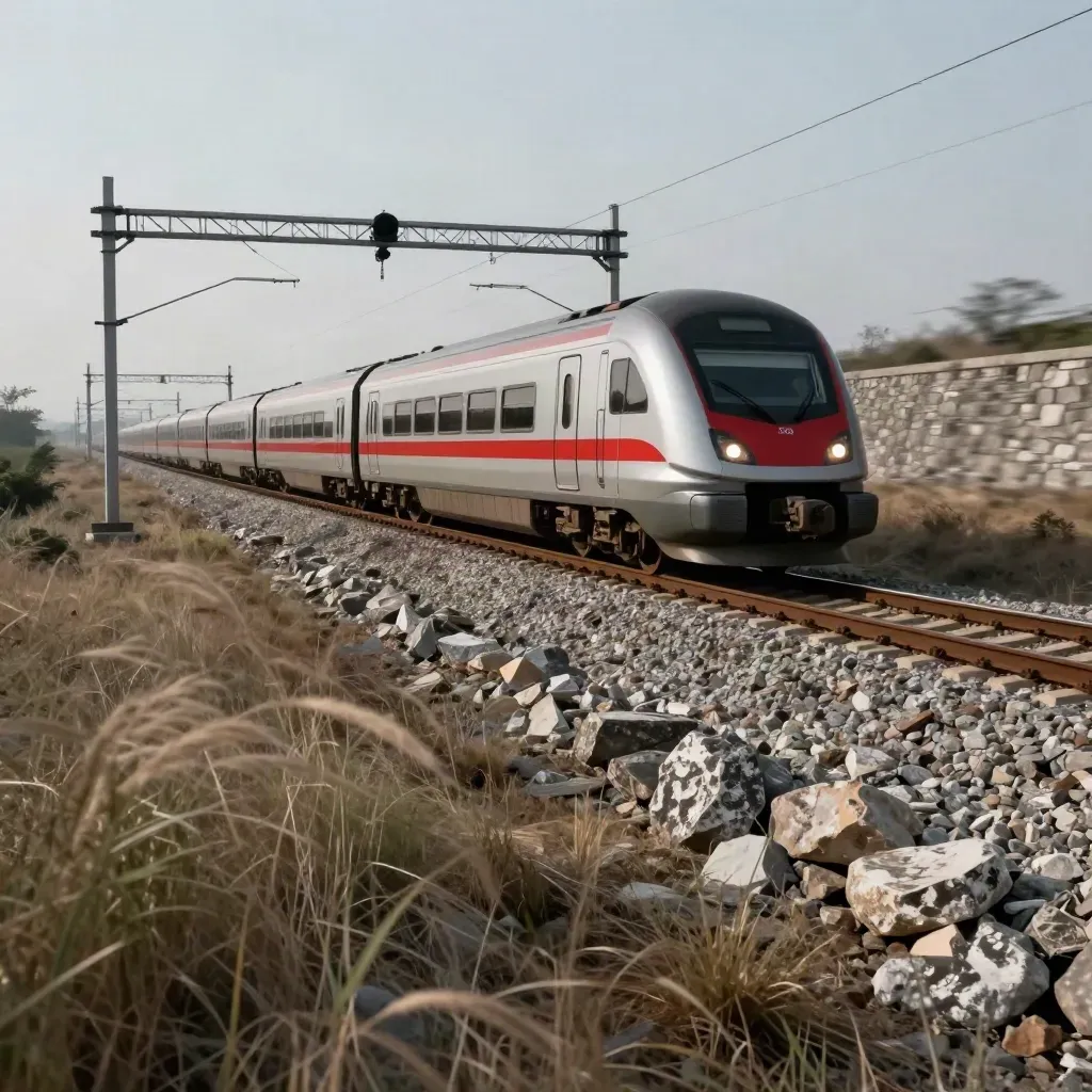 High-speed train racing through a rural cutting beside grasses and stone walls.
