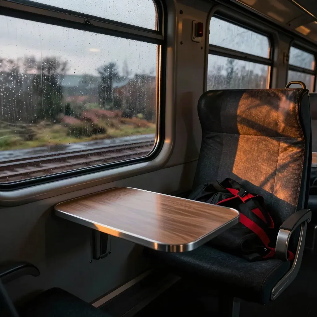 Rainy train window with coat and table as countryside streaks by at dusk.