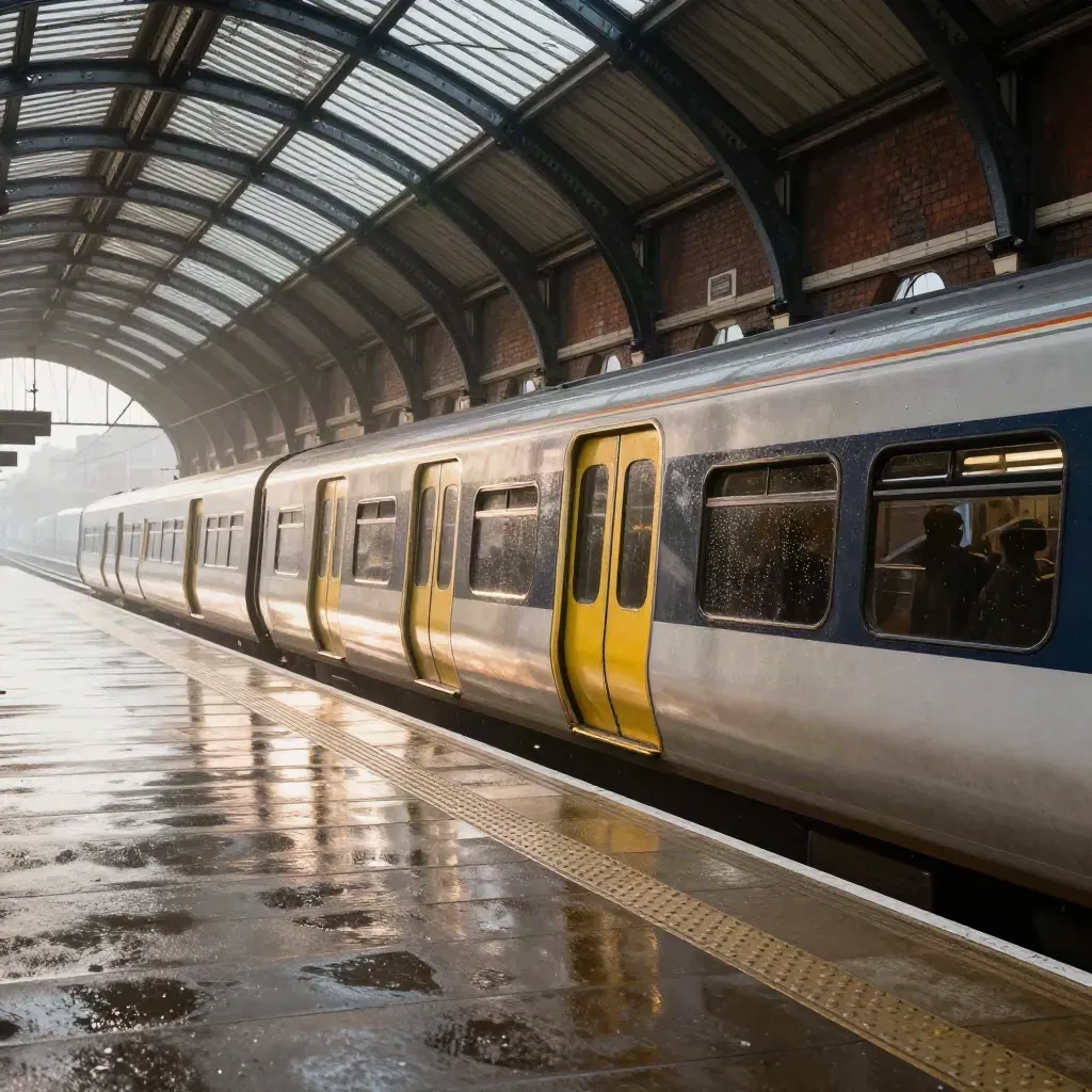 Rainy Birmingham Snow Hill canopy with a train easing in under the arch.