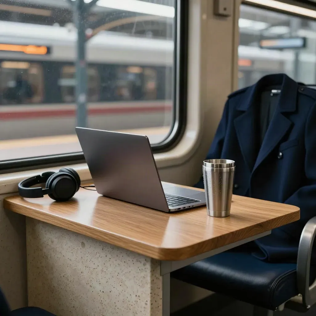 Quiet commuter table by a station window with laptop, thermos, headphones and coat in soft light.