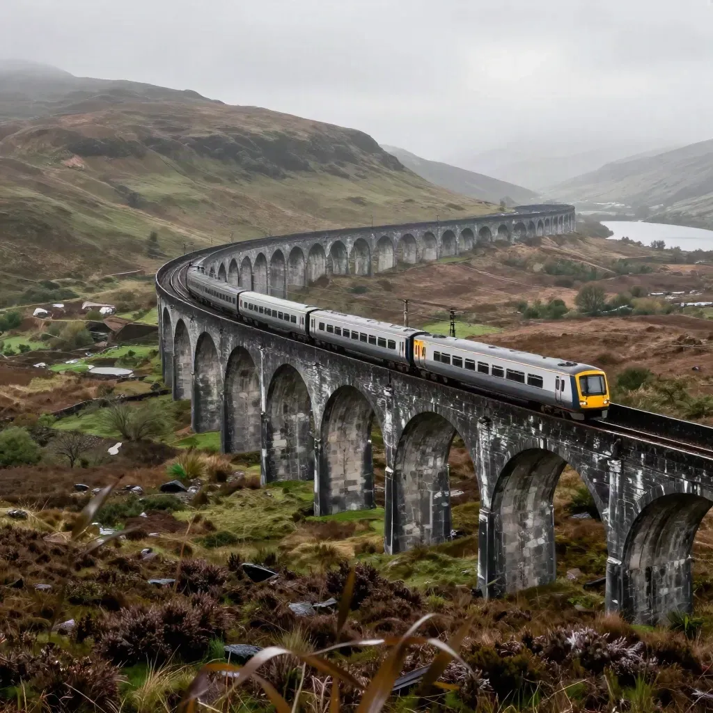 Scottish train crossing a viaduct over misty moorland after rain