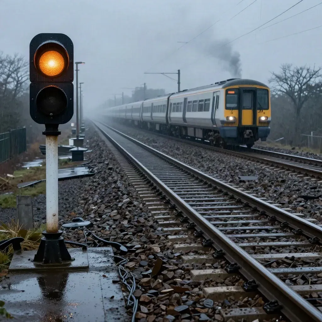 Rainy rail line with wet signal gantry, amber lamp, distant idle train and diagonal tracks.