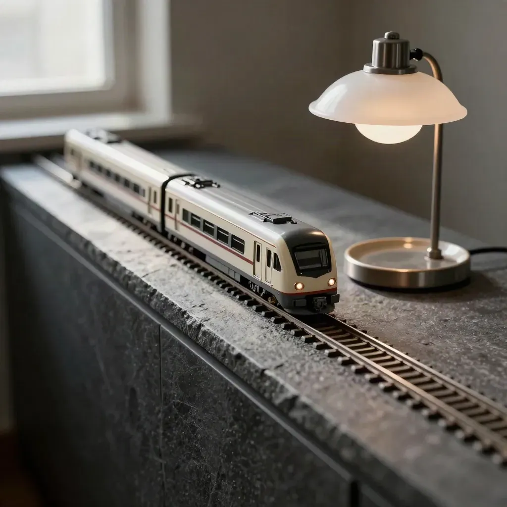 Miniature train nose with track clips, platform lamp and ceramic dish on dark stone